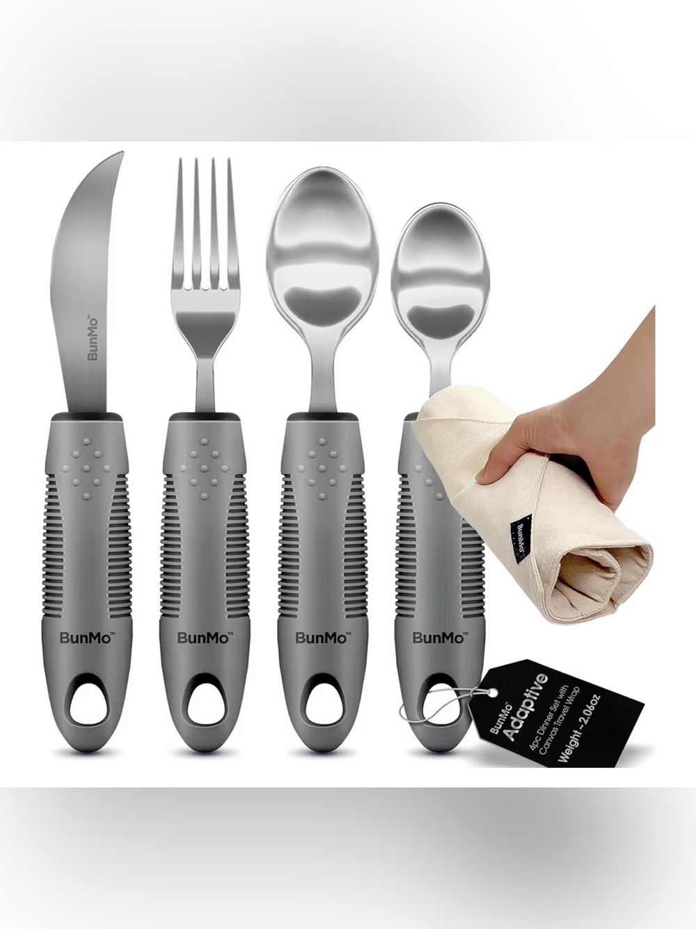 BunMo Adaptive Utensil Set w/ Travel Wrap – Weighted Easy Grip Silverware – New